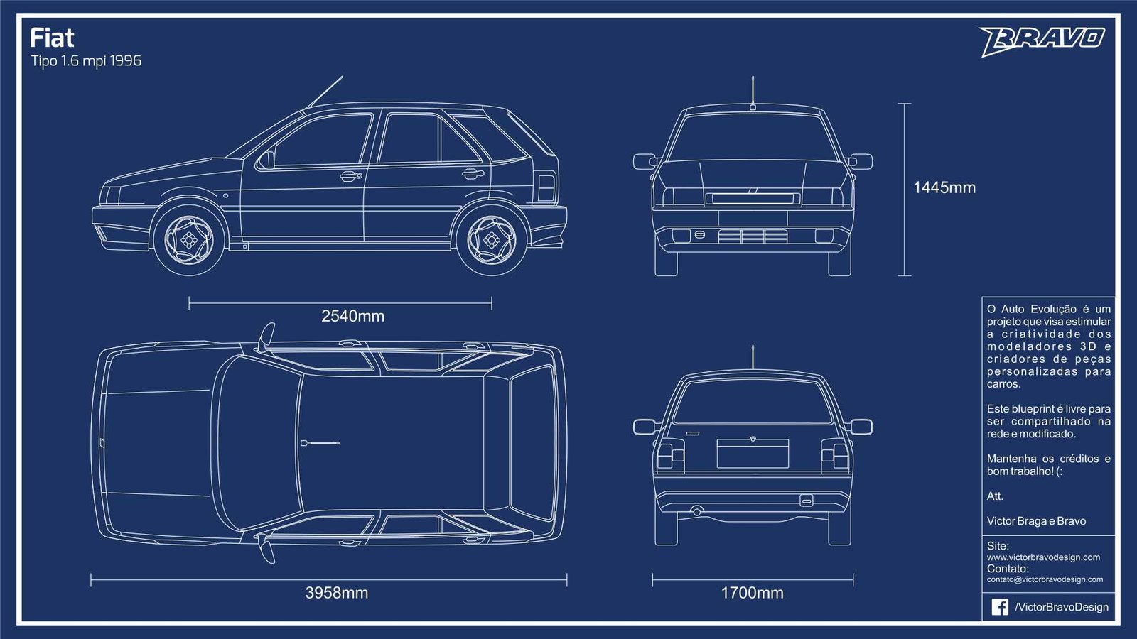 Imagem mostrando o desenho do blueprint do Fiat Tipo mpi 1.6 1996