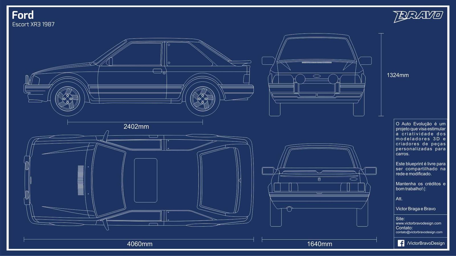 Imagem mostrando o desenho do blueprint do Ford Escort XR3 1987