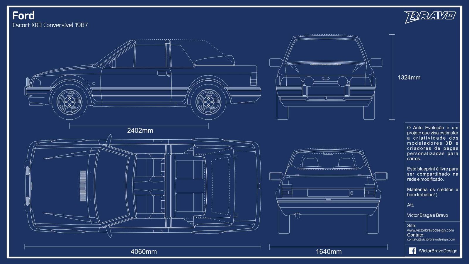 Imagem mostrando o desenho do blueprint do Ford Escort XR3 Conversível 1987