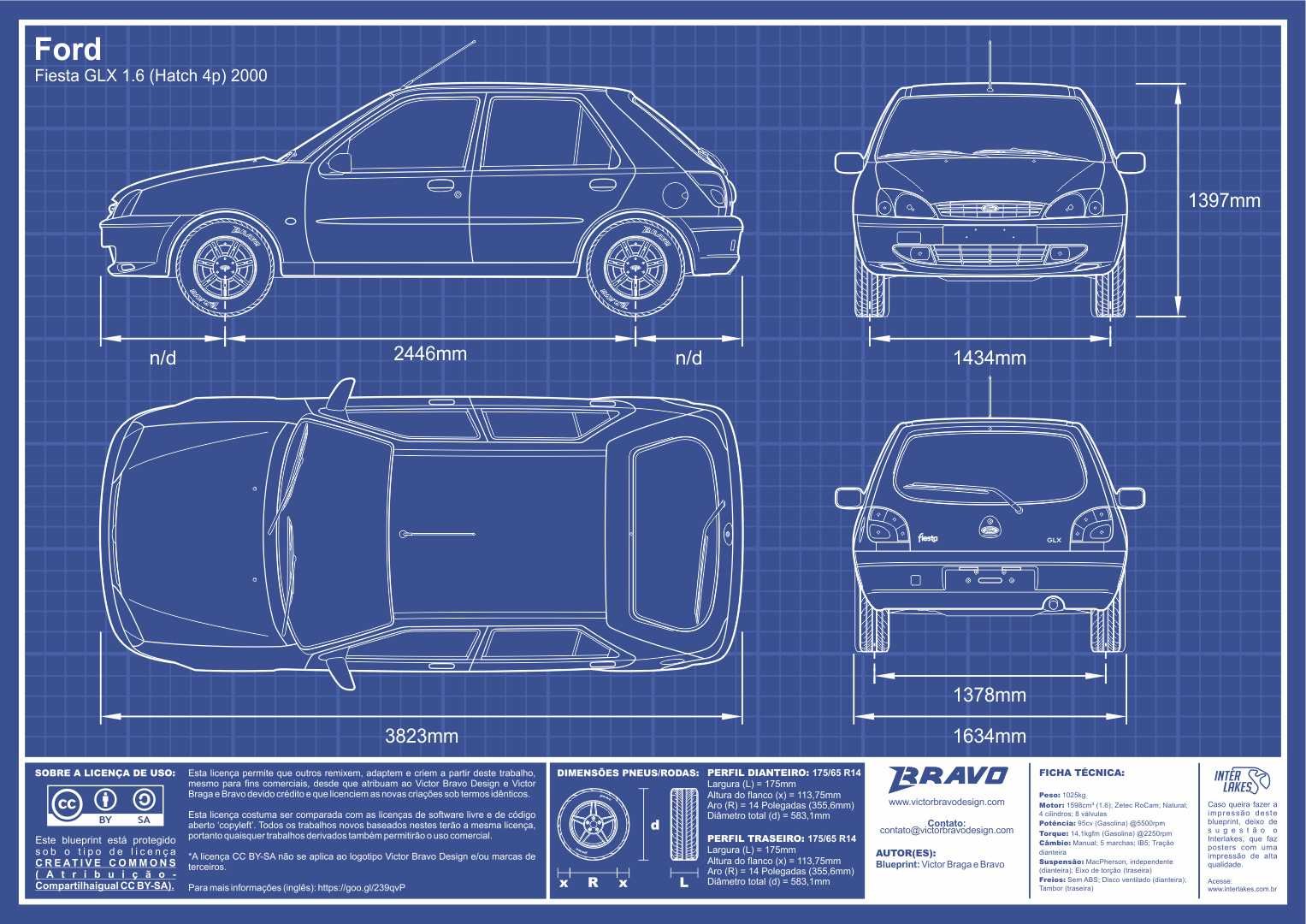 Imagem mostrando o desenho do blueprint do Ford Fiesta GLX Hatch (4 Portas) 2000