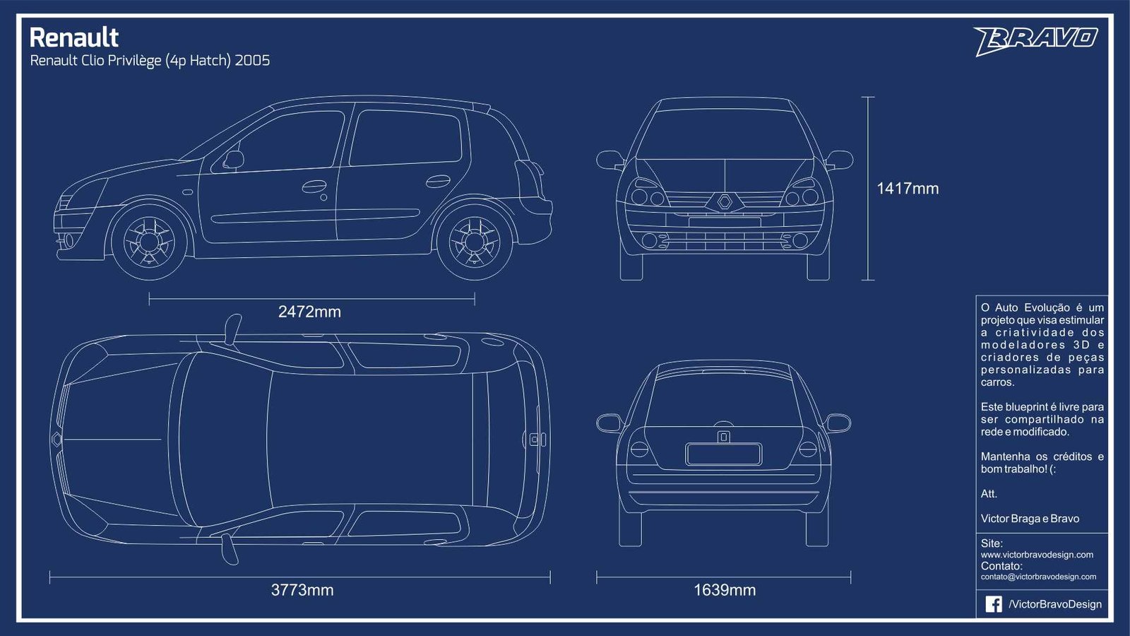 Imagem mostrando o desenho do blueprint do Renault Clio Privilège (Hatch 4 Portas) 2005