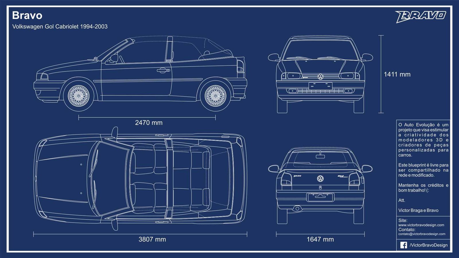Imagem mostrando o desenho do blueprint do Victor Bravo Design Volkswagen Gol Cabriolet 1994-2003